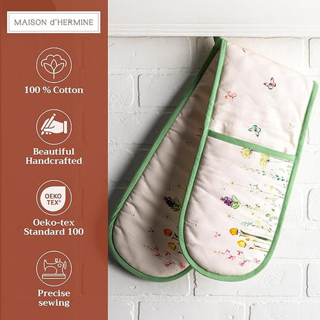 Maison d' Hermine Double Oven Mitts 100% Cotton 7"x35" Double Oven Mitt Heat Resistant BBQ Cooking Gloves with Loop, Baking, Grilling, Home, Kitchen, Handling Hot Pans Spring Summer (Botanical Fresh)