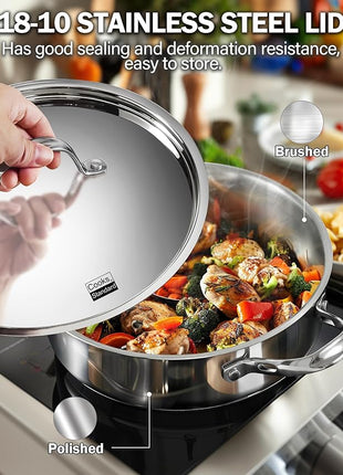 Cooks Standard Classic Stainless Steel Saute Pan 11-inch, 5 Quart Induction Cookware Deep Frying Pan Cooking Skillet with Lid, Stay-Cool Handle