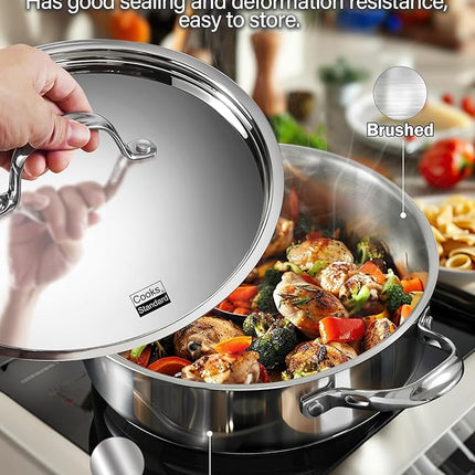 Cooks Standard Classic Stainless Steel Saute Pan 11-inch, 5 Quart Induction Cookware Deep Frying Pan Cooking Skillet with Lid, Stay-Cool Handle