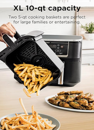 Ninja | Air Fryer | Finish Cooking Multiple Foods at the Same Time | 6-in-1 (Air Fry, Broil, Roast, Keep Warm, Dehydrate, Bake) | Fit up to 8lb Chicken Wings in the two 5 QT Baskets | DZ302