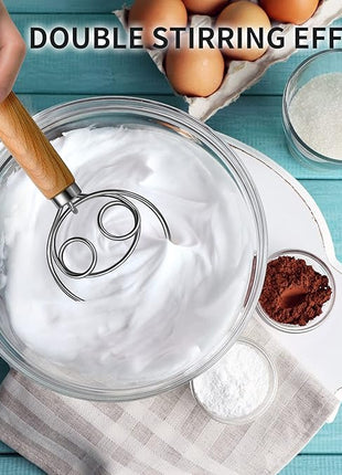 TEEVEA Danish Dough Whisk Stainless Steel Dough Hook Dutch Whisk for Sourdough Bread Dough Mixer Hand Wooden Handle Kitchen Whisking Mixing Tool Bread Making Tools and Supplies