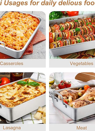 TeamFar Roasting Pan with Rack, 14 Inch Stainless Steel Turkey Roaster Lasagna Pan with V-Shaped Rack & Cooling Rack, Healthy & Sturdy, Brushed Surface & Dishwasher Safe, Rectangular - Set of 3