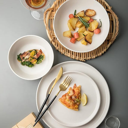 SKUGGA Round Stoneware 16pc Double Bowl Dinnerware Set for 4, Dinner and Side Plates, Cereal and Pasta Bowls - Matte White(466077)