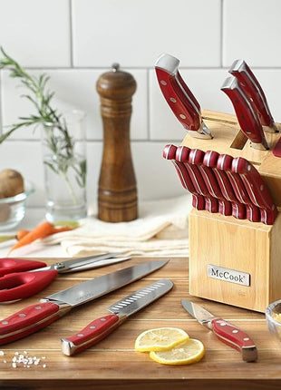 McCook® Stainless Steel Kitchen Knife Sets with Wooden Block, Kitchen Scissors and Built-in Sharpener, Red