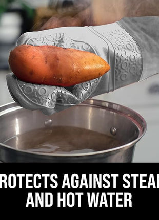 BPA-Free Soft Silicone Oven Mitts - Ultra Heat Resistant Oven Mitts with Thick Cotton Liner - Extra Long Slip Resistant Pot Holders, Flexible Oven Gloves - Gray 14.7"