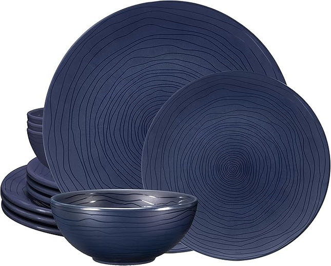 Bzyoo 12 Piece Melamine Dinnerware Set - Durable, Dishwasher Safe, Organica Navy Blue Plates and Bowls Sets Casual Dish Set for Dining, Outdoor and Kitchen