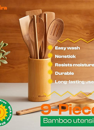 Riveira Dark Bamboo Wooden Spoons for Cooking 9-Piece with Holder, Apartment Essentials Wood Spatula Spoon Nonstick Kitchen Utensil Set Premium Quality Housewarming Gifts for Everyday Use