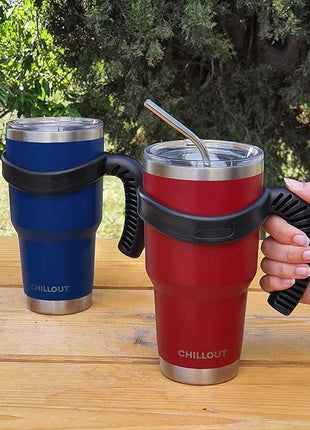 CHILLOUT LIFE Stainless Steel Travel Mug with Handle 30 oz – 6 Piece Set. Tumbler with Handle, Straw, Cleaning Brush & 2 Lids. Double Wall Insulated Large Coffee Mug Bundle (Navy Blue)