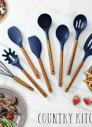 Country Kitchen Non Stick Silicone Utensil Set with Rounded Wood Handles for Cooking and Baking, 8 Piece Set, Navy