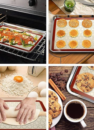 Wildone Baking Sheet with Silicone Mat Set, Set of 6 (3 Sheets + 3 Mats), Stainless Steel Cookie Sheet Baking Pan with Silicone Mat, Non Toxic & Heavy Duty & Easy Clean