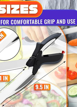 2 in 1 Kitchen Scissors for Food – Stainless Steel Blade & Plastic Cutting Board Scissors with Safety Lock | 9.6" Tomato Knife, Fruit & Vegetable Cutter – Easy-to-Use Kitchen Shears for Meat, Cheese