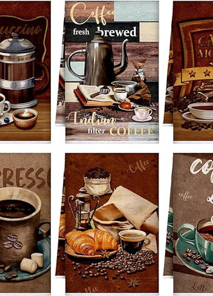 Boyiee Set of 6 Coffee Kitchen Towels Brown Dish Towels 24 x 16 Inches Absorbent Decorative Dish Cloths Retro Hand Accessories for Coffee Bar Decor Housewarming Gifts Wedding Shower Decoration