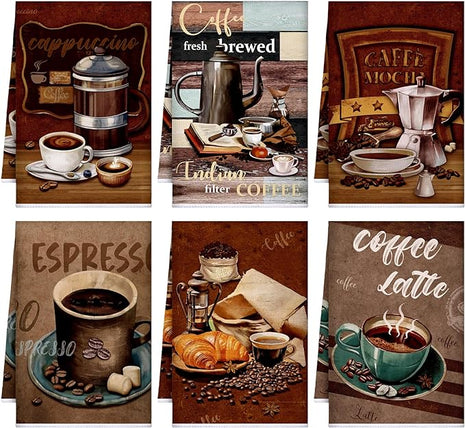 Boyiee Set of 6 Coffee Kitchen Towels Brown Dish Towels 24 x 16 Inches Absorbent Decorative Dish Cloths Retro Hand Accessories for Coffee Bar Decor Housewarming Gifts Wedding Shower Decoration