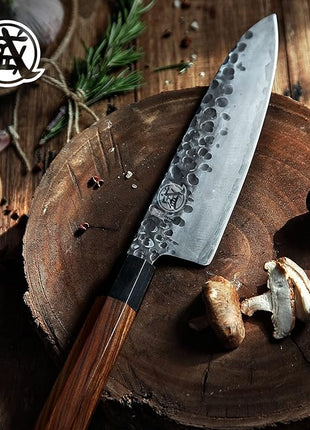 MITSUMOTO SAKARI 8 inch Gyuto Chef Knife, Japanese Hand Forged Kitchen Chef's Knives, 3-Layer 9CR18MOV High Carbon Steel, Rosewood Handle & Sandalwood Box