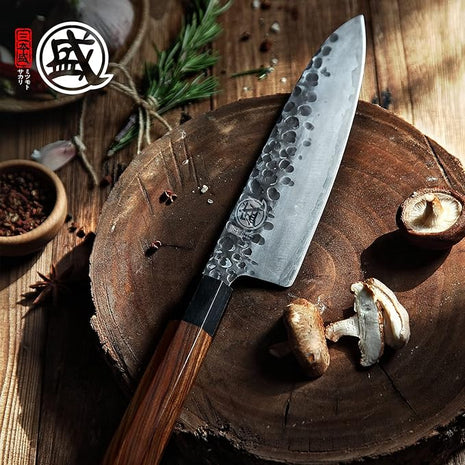 MITSUMOTO SAKARI 8 inch Gyuto Chef Knife, Japanese Hand Forged Kitchen Chef's Knives, 3-Layer 9CR18MOV High Carbon Steel, Rosewood Handle & Sandalwood Box