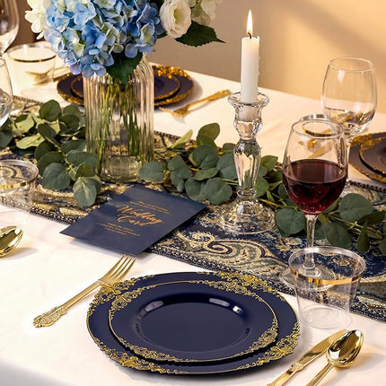 Nervure 350Pcs Blue Plastic Plates - Blue Gold Plastic Dinnerware Sets for 50 Guests - 100 Navy Gold Disposable Plates, 50 Pre Rolled Silverware, 50 Cups Perfect for Wedding & Party
