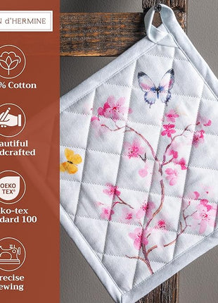 Maison d' Hermine Pot Holders Set 100% Cotton Heat Resistant Potholders 8" x 8" Hot Pads with Loop BBQ, Cooking, Grilling, Kitchen, Handling Hot Pans Spring/Summer (Pack of 2, Blossoms in Spring)