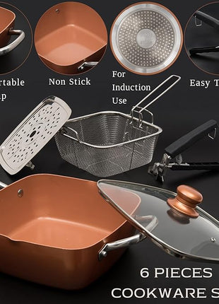 Moss & Stone 6 Pcs Copper Chef Cookware Non Stick Deep Frying Pan 9.5" x 3.5", Fry Basket, Steamer Rack, Dishwasher & Oven Safe, 5 Qt Deep Square Pot & Non Stick Pan, Induction Copper Cookware Set
