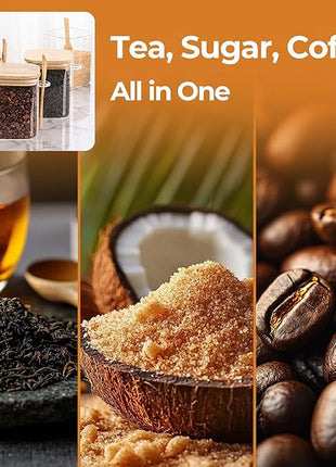 ComSaf 0.8 Qt Glass Jars with Bamboo Lids & Spoons Set of 4, Square Glass Containers with Lids, Sugar Coffee Containers Salt Spice Jars, Pantry Storage Container for Loose Tea, Candy, Brown Sugar, Nut