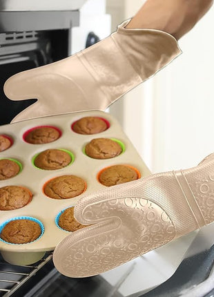 BPA-Free Silicone Oven Mitts Ultra Heat Resistant up to 500°F - Oven Mitts with Thick Cotton Liner - Long Slip Resistant Pot Holders, Flexible Oven Gloves - Beige 14.7