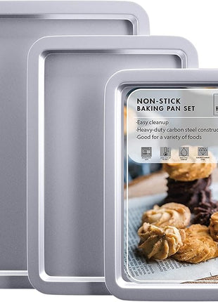 HONGBAKE Cookie Sheet, Baking Sheet Set, Nonstick Oven Pan with Wider Grips,3 Pack, Avoid Too Much Browning -Noble Silver