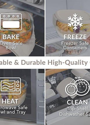 Bentgo Glass All-in-One Salad Container - Large 61-oz Salad Bowl with Lid, 4-Compartment Bento-Style Tray, 3-oz Sauce Container, & Reusable Fork - Dishwasher, Microwave, & Oven Safe (White Stone Tan)