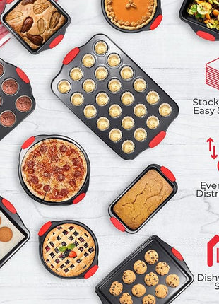 PERLLI Non-Stick 10-Piece Baking Pan Set, BPA-Free Carbon Steel Bakeware Set with Silicone Handles, Stackable Kitchen Oven Set, Cookie Sheet, Baking Tray, Baking Sheet Set, Oven Safe (446°F)
