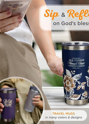 Christian Art Gifts Stainless Steel Scripture Tumbler Travel Mug for Women: All Things Through Christ Inspirational Bible Verse, Double-wall Vacuum Insulated w/Lid Hot/Cold, Navy Blue Floral, 18oz.