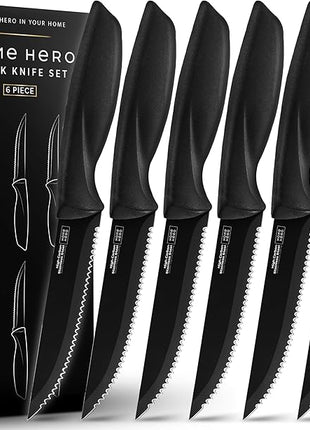 Home Hero Steak Knife Set - Nonstick Serrated Steak Knives - Stainless-Steel Kitchen Knife Set - Ergonomic TPR Handles for Precision Meat Carver - 6-Pc Set, Black