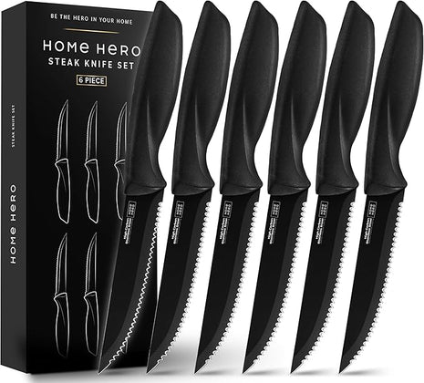 Home Hero Steak Knife Set - Nonstick Serrated Steak Knives - Stainless-Steel Kitchen Knife Set - Ergonomic TPR Handles for Precision Meat Carver - 6-Pc Set, Black