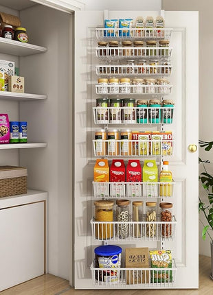 White 9-Tier Over The Door Pantry Organizer, Pantry Organization and Storage, Deep Baskets Hanging Heavy-Duty Metal, Wall Spice Rack Seasoning Shelves for Home & Kitchen, Laundry Room Bathroom
