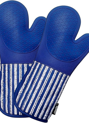 Silicone Oven Mitts Heat Resistant 932℉ with Waterproof & Non-Slip Kitchen Mittens, Set of 2 Extra Long Oven Gloves with Soft Cotton Terry Lining for Baking Cooking Barbecue (Cobait Blue, 2)