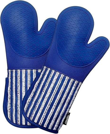 Silicone Oven Mitts Heat Resistant 932℉ with Waterproof & Non-Slip Kitchen Mittens, Set of 2 Extra Long Oven Gloves with Soft Cotton Terry Lining for Baking Cooking Barbecue (Cobait Blue, 2)
