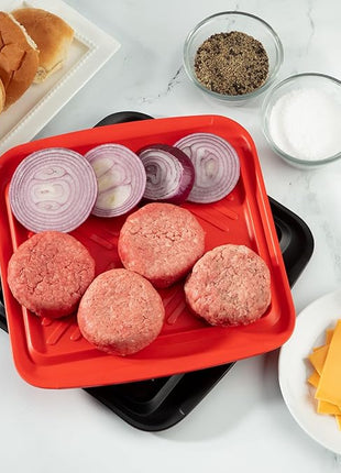 Cuisinart Grilling Prep & Serve Trays, 10.5x10.5 inch Small BBQ Tray Safe for Food Handling, 2 Dishwasher Safe Nesting Trays Black & Red, Perfect Grill Accessories for Cooked & Raw Meat, Fits 4 Burger