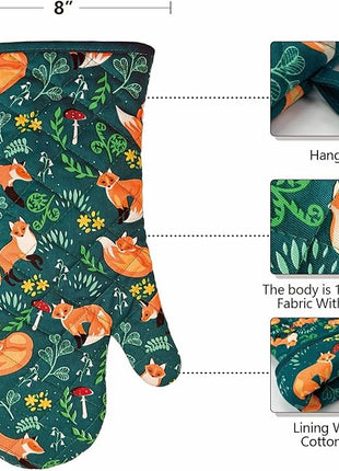 Oven Mitts Cotton Fashion Cute Fox Design 1 pair Heat Resistant Oven Gloves Safe Cooking Baking Grilling Barbecue Machine Washable (fox, oven mitts)