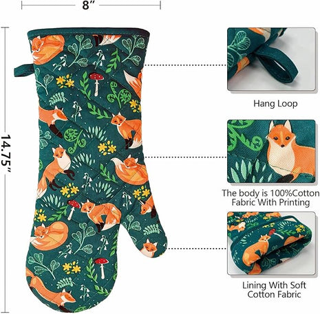 Oven Mitts Cotton Fashion Cute Fox Design 1 pair Heat Resistant Oven Gloves Safe Cooking Baking Grilling Barbecue Machine Washable (fox, oven mitts)