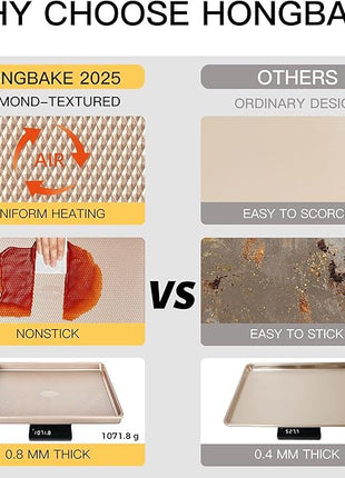 HONGBAKE Baking Sheet Pan Set of 3, Cookie Sheets for Oven, Nonstick Half/Quarter/Jelly Roll Pans with Diamond Texture Pattern, 0.8mm Thick Heavy Duty Cookie Tray, Champagne Gold