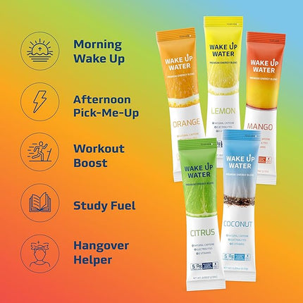 Wake Up Water Energy Drink Mix, Sugar Free Clean Energy Powder with Electrolytes & B Vitamins, Natural Caffeine for Focus & Hydration (15 Pack) - Variety