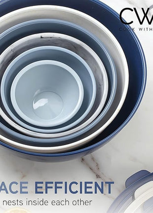 COOK WITH COLOR Mixing Bowls with TPR Lids - 12 Piece Plastic Nesting Bowls Set includes 6 Prep Bowls and 6 Lids, Microwave Safe Mixing Bowl Set (Blue and White)