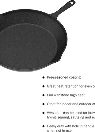 Frying Pans - Set of 3 Pre-Seasoned Cast Iron Skillets with 10-Inch, 8-Inch, and 6-Inch Sizes - Nonstick Camping Cookware by Home-Complete (Black)