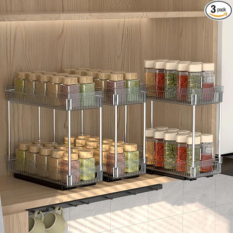 3 Pack Pull Out Spice Rack Organizer for Cabinet, 2 Tier Slide Out Spice Racks Organizer, Spice Cabinet Organizers, Cabinet Size Need:12'' High x 11'' Deep x 5'' Wide, Clear Acrylic