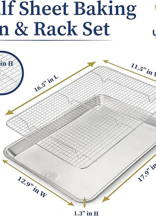 Ultra Cuisine Aluminum Baking Sheet with Stainless Steel Cooling Rack Set -Half Sheet Size Pan 13 x 18 inch, Durable Rimmed Sides, Easy Clean, Commercial Quality for Cooking and Roasting