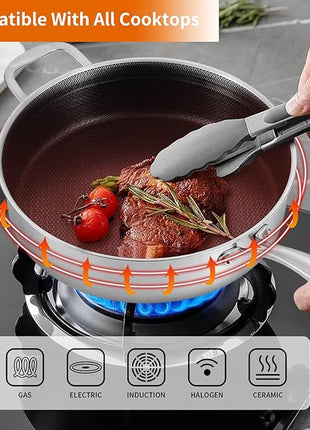 DELARLO Frying Pan,12 inch Tri-Ply Stainless Steel Skillet,6 Quart Saute Pan with lid, Compatible with All Cooktops,Oven Up to 660℉,Chicken Fryer,Dishwasher-Friendly