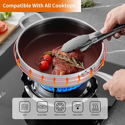 DELARLO Frying Pan,12 inch Tri-Ply Stainless Steel Skillet,6 Quart Saute Pan with lid, Compatible with All Cooktops,Oven Up to 660℉,Chicken Fryer,Dishwasher-Friendly