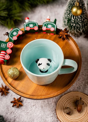 DIHOclub Panda Ceramic Cup Hidden 3D Animal Inside Mug,Cute Cartoon Handmade Figurine Mugs,Holiday and Birthday Gift for Coffee & Tea Lovers,12 OZ (Blue)