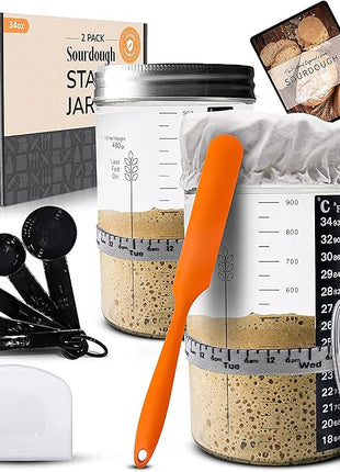 Sourdough Starter Kit - 34oz Large Capacity Glass Fermentation Jar with Lid, Silicon Spatula, and Measuring Spoons - Beginner Sourdough Starter Kit, Sourdough Bread Baking Supplies, Fermentation Kit