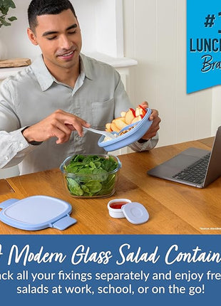 Bentgo Glass All-in-One Salad Container - Large 61-oz Salad Bowl with Lid, 4-Compartment Bento-Style Tray, 3-oz Sauce Container, and Reusable Fork - Dishwasher, Microwave, and Oven Safe (Light Blue)