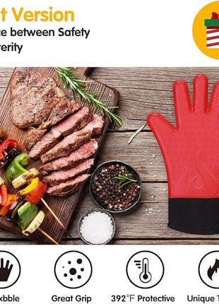GEEKHOM Silicone Grilling Gloves, Heat Resistant Oven Mitts, BBQ Gloves, Waterproof Non-Slip for Barbecue, Cooking, Baking, Fryer, Red
