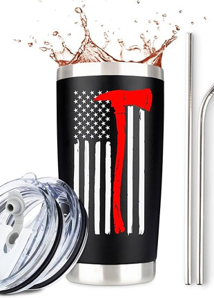 Firefighter Gifts for Men | Stainless Steel Travel Tumbler/Mug with Lid for Coffee Cup| Thin Red Line Flag Design for Fireman | Fire Department | First Responder Valentine's Day Gift (20oz Black)