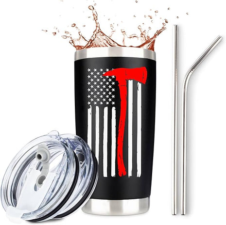 Firefighter Gifts for Men | Stainless Steel Travel Tumbler/Mug with Lid for Coffee Cup| Thin Red Line Flag Design for Fireman | Fire Department | First Responder Valentine's Day Gift (20oz Black)